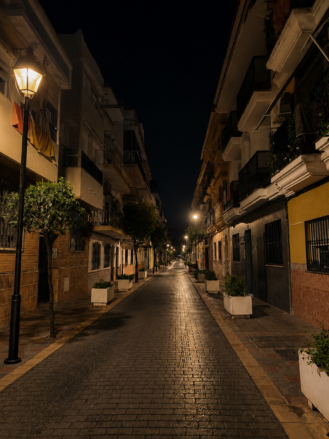 Calle Palangreros de noche — Calle peatonal y arbolada frente al apartamento, serena al anochecer.